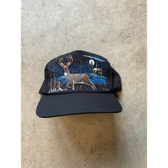 Vintage Hand Painted Deer Nature Hat Outdoors Cabin Cap Adjustable Snapback